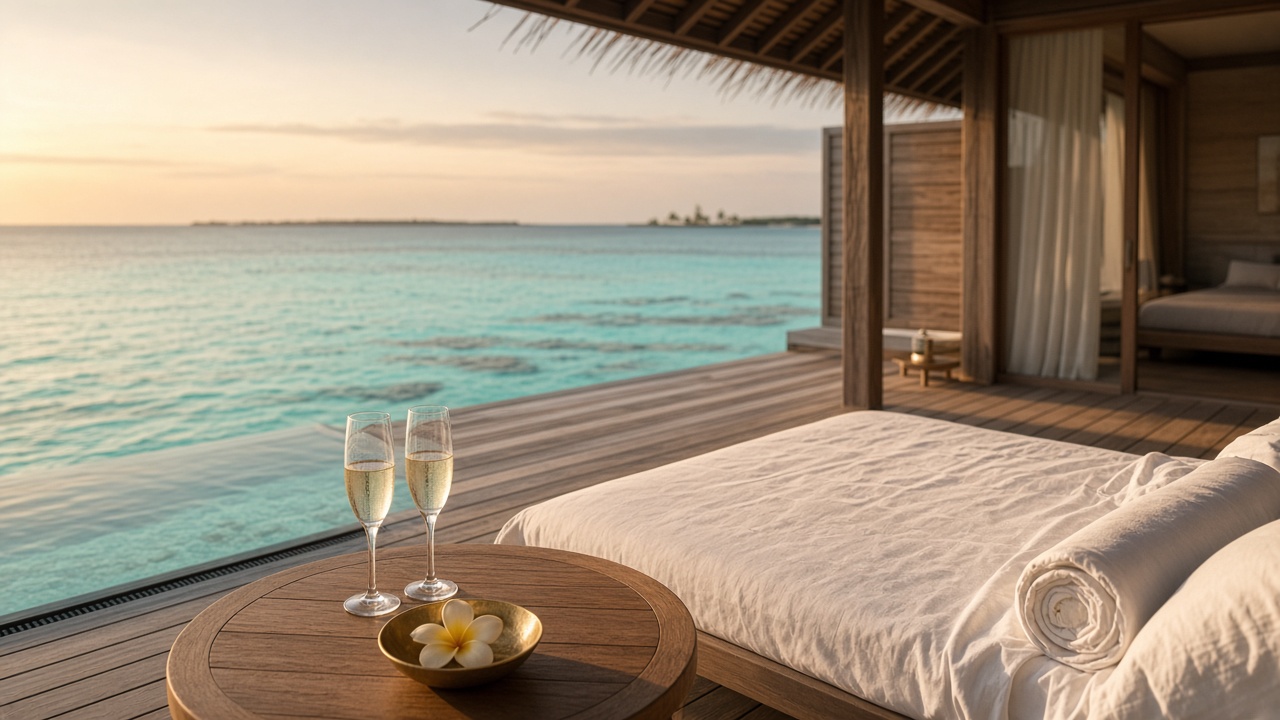 Privat övervattenvilla i solnedgång — champagne och tomt daybed mot turkos lagun