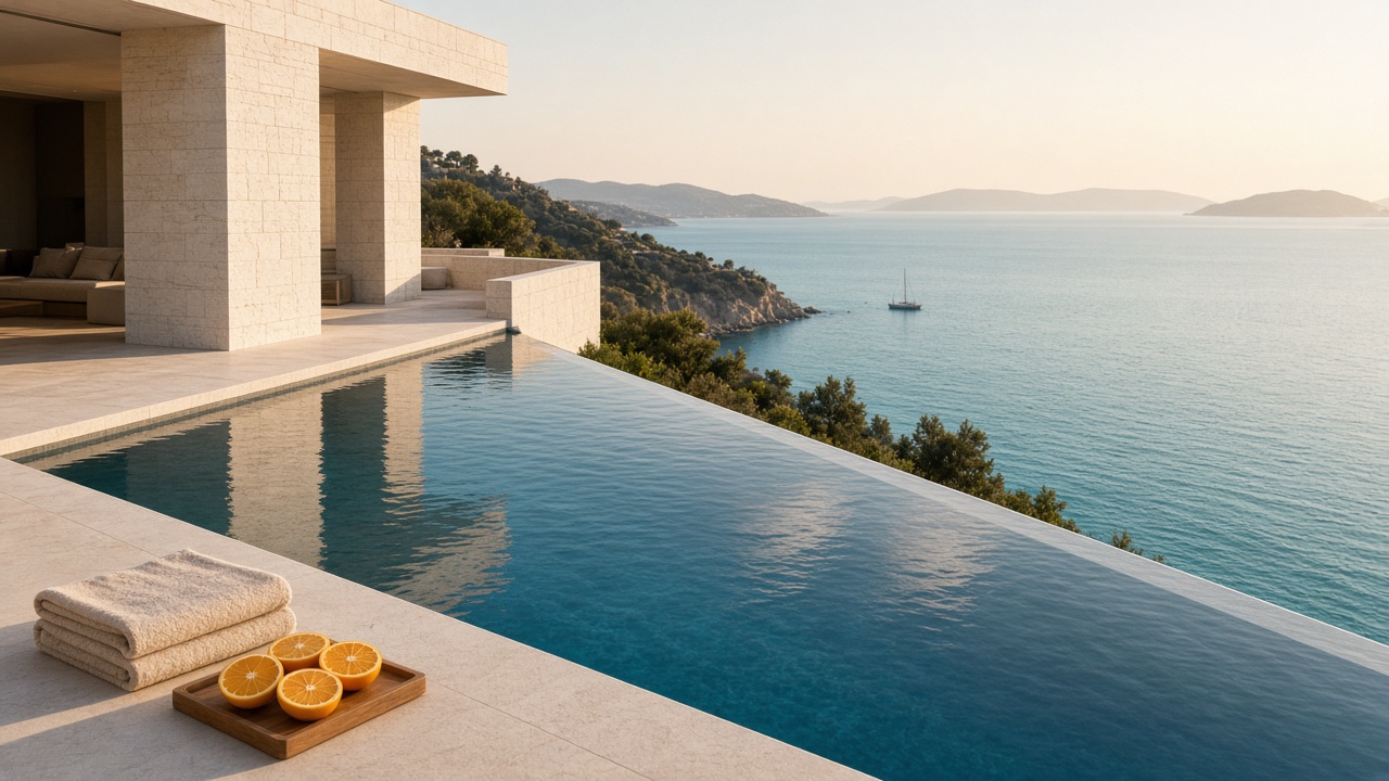 Privat infinitypool vid villa med utsikt över stilla hav