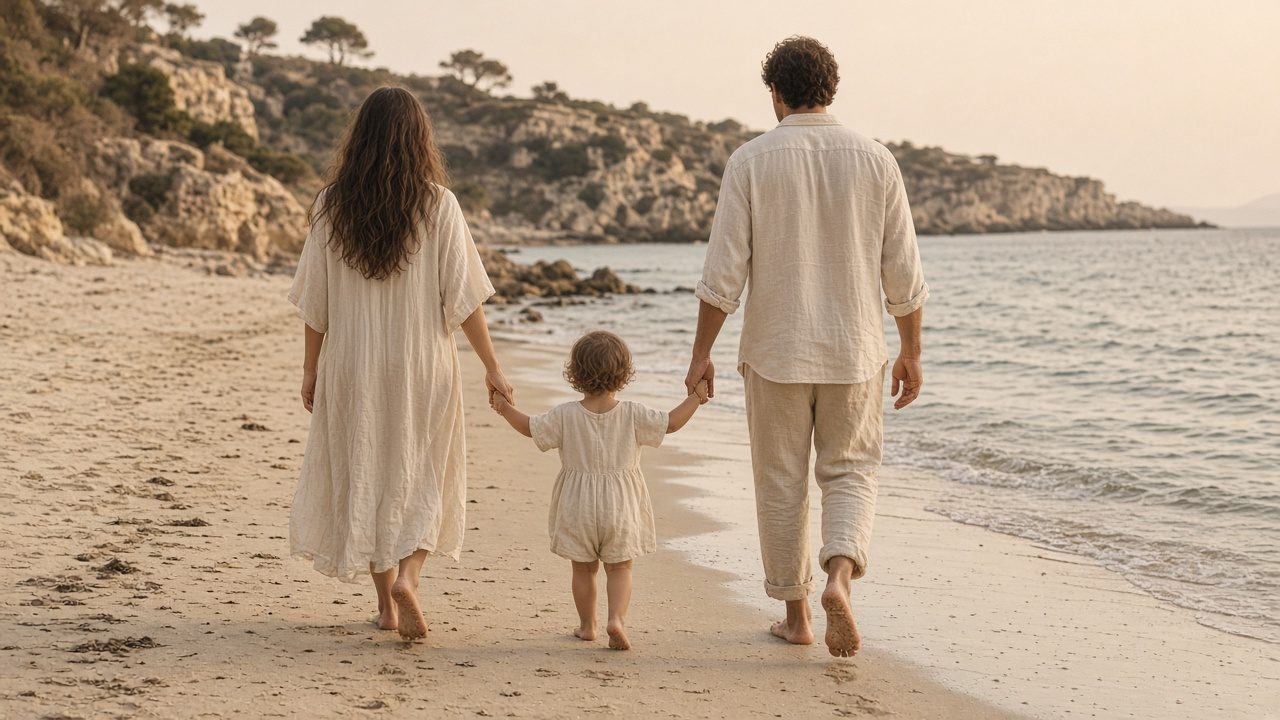 Par som går på stranden hand i hand med sitt barn