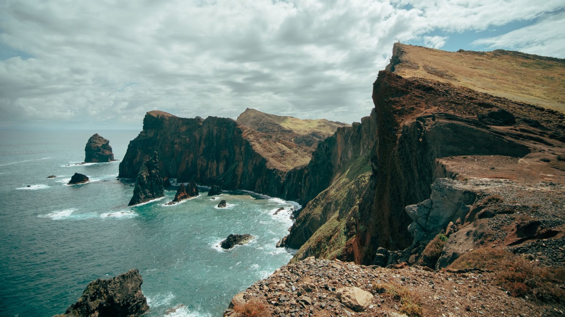 Dramatiska klippor och vandringsled vid Ponta de São Lourenço på Madeira