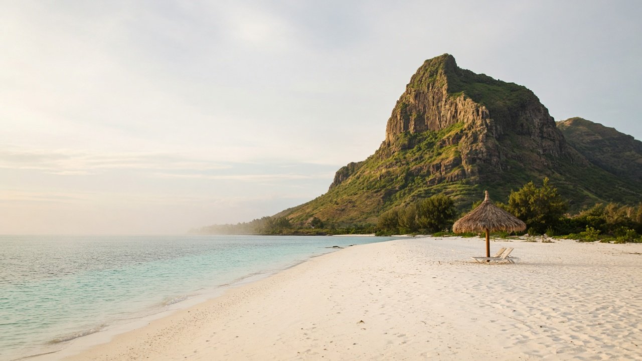 Le Morne och vit sandstrand i lagunsolnedgång — Mauritius