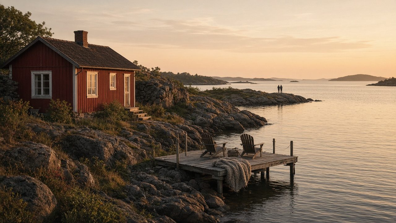 Röd stuga och brygga i skärgården i kvällsljus
