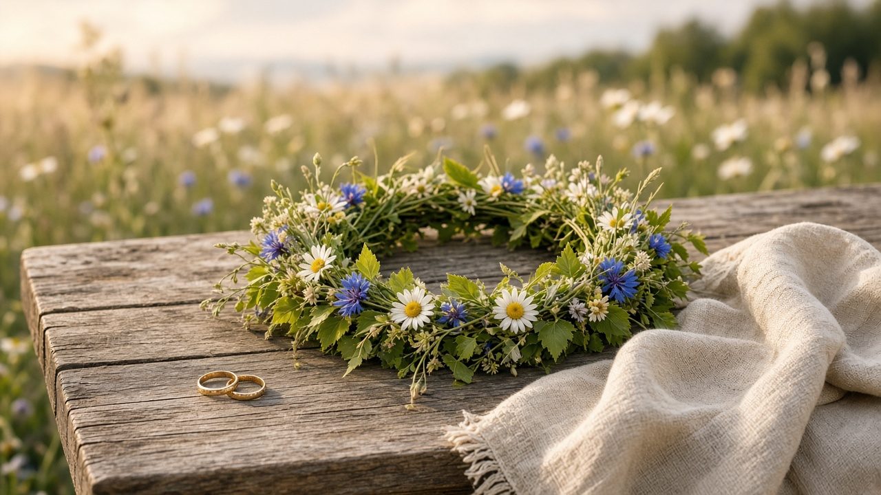 Midsommarkrans av ängsblommor och två vigselringar på ett träbord